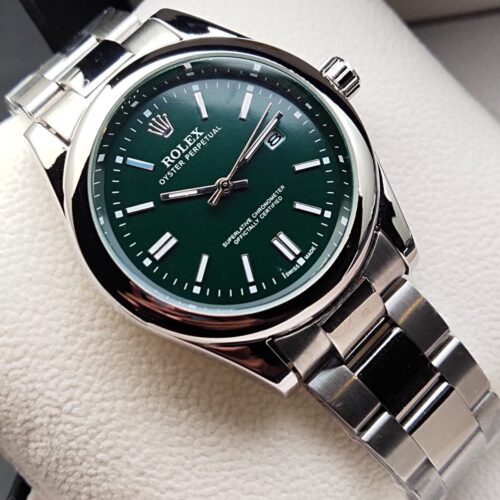 Rolex Date Just Silver Chain (Green Dial)