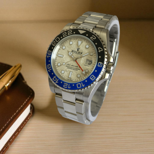 Rolex GMT Silver Chain Black/Blue Bezel White Dial
