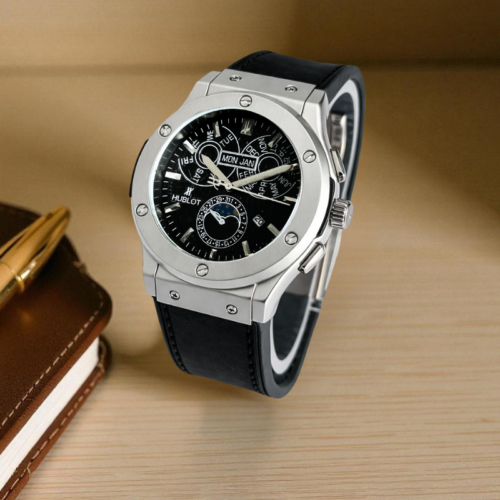 Hublot Classic Fusion Aerofusion MoonPhase Black Strap Silver Bezel Black Dial