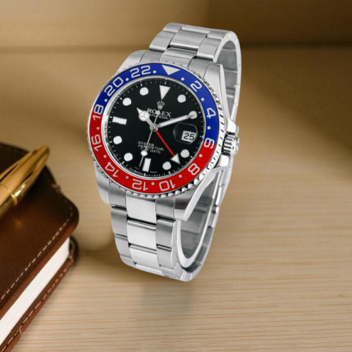Rolex GMT Pepsi Bezel Silver Chain (Black Dial)