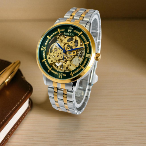 Rolex Skeleton New Dual Tone Chain Golden Bezel Black Dial