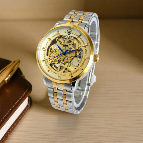 Rolex Skeleton New Dual Tone Chain Golden Bezel White Dial