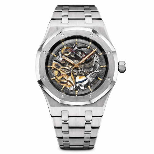 Audemars Piguet Royal Oak Skeleton Silver Chain Silver Bezel Black Dial