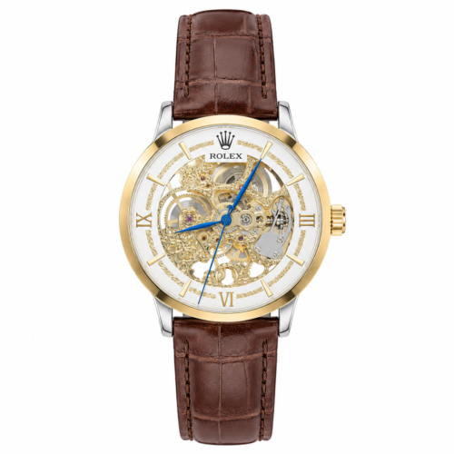 Rolex Skeleton Automatic Brown Strap Golden Bezel White Dial