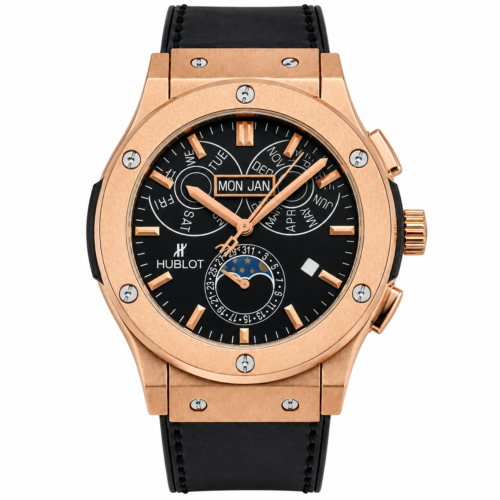 Hublot Classic Fusion Aerofusion MoonPhase Black Strap Golden Bezel Black Dial